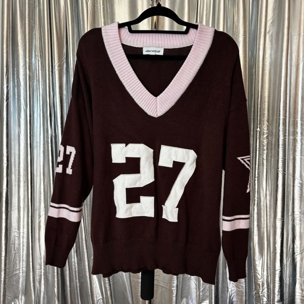 Urban Weekend Brown & Pink "27" Varsity V-Neck Sweater